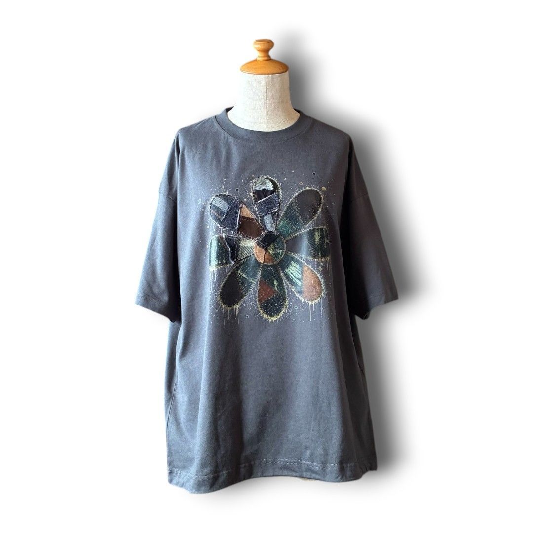 zivun 再構築 フラワーアート Tシャツ|古着端材リメイク ドローコード仕様 一点物 グレー【OLD FLIP】