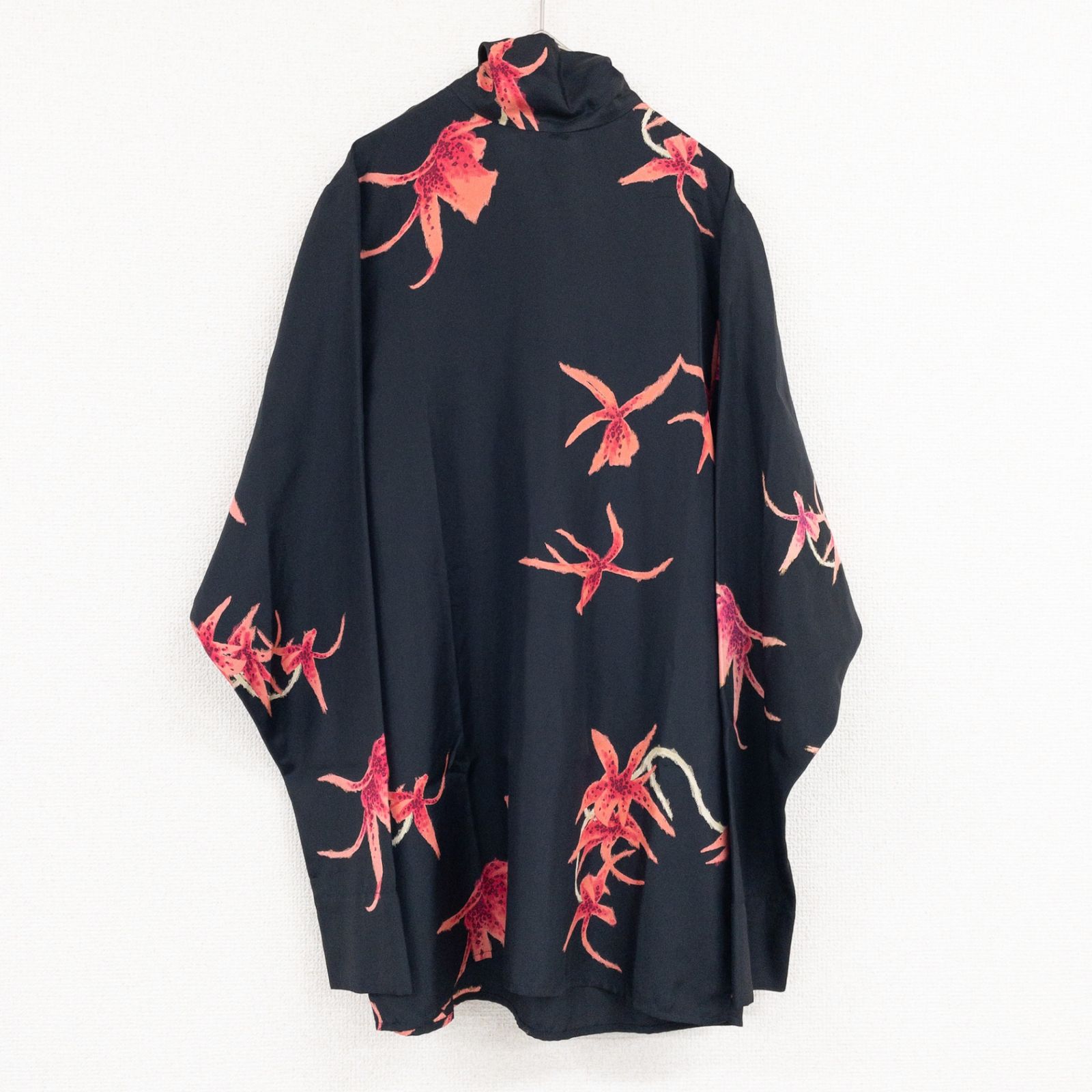 KENZO ケンゾー ブラウス ハイネック 花柄 総柄 バックリボン シルク ブラック レッド フランス製 レディース 42 b01441