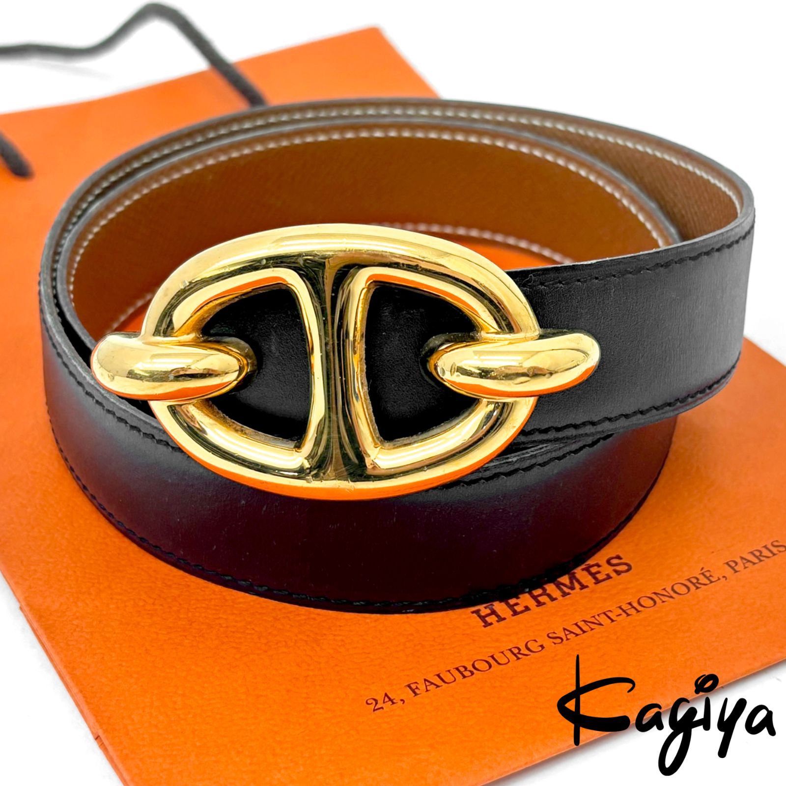 HERMES エルメス シェーヌダンクル ベルト ◯V刻 ボックスカーフ 