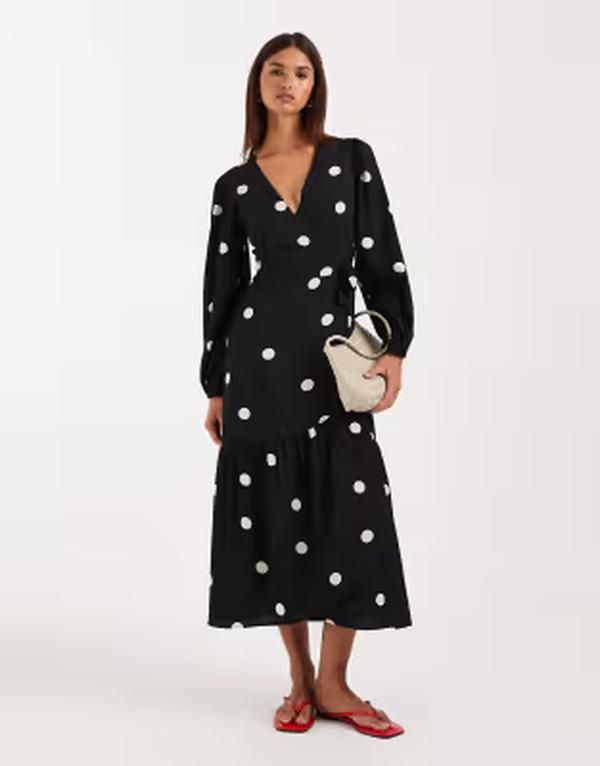 ウェンズデーガール レディース トップス ワンピース ドット Wednesdays Girlong sleeve wrap around midaxi dress in polka dots Black ブラック