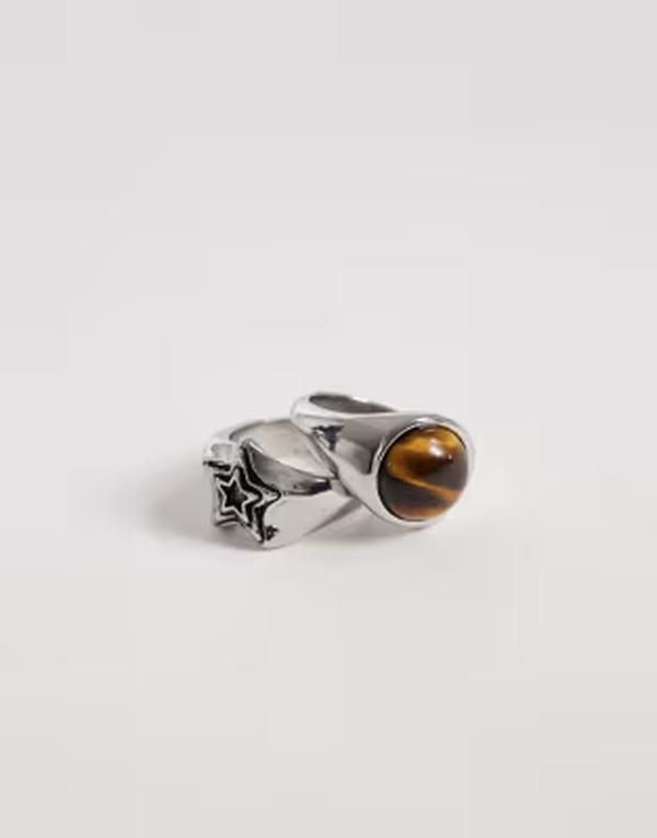 エイソス メンズ アクセサリー リング ASOS DESIGN 2 pack semiprecious tigers eye and star signet ring tone SILVER シルバー