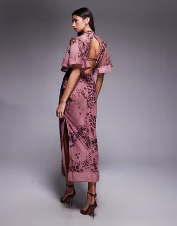 エイソス レディース トップス ワンピース シフォン アニマル柄 プリント サテン コントラスト ASOS DESIGN half wide sleeves column chiffon and satin contrast dress abstract an