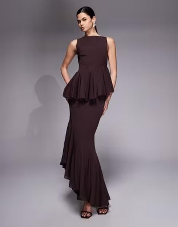 エイソス レディース トップス ワンピース アシンメトリー ASOS DESIGN slashigh neckline with godets and asymmetric hem dress in chocolate チョコレート