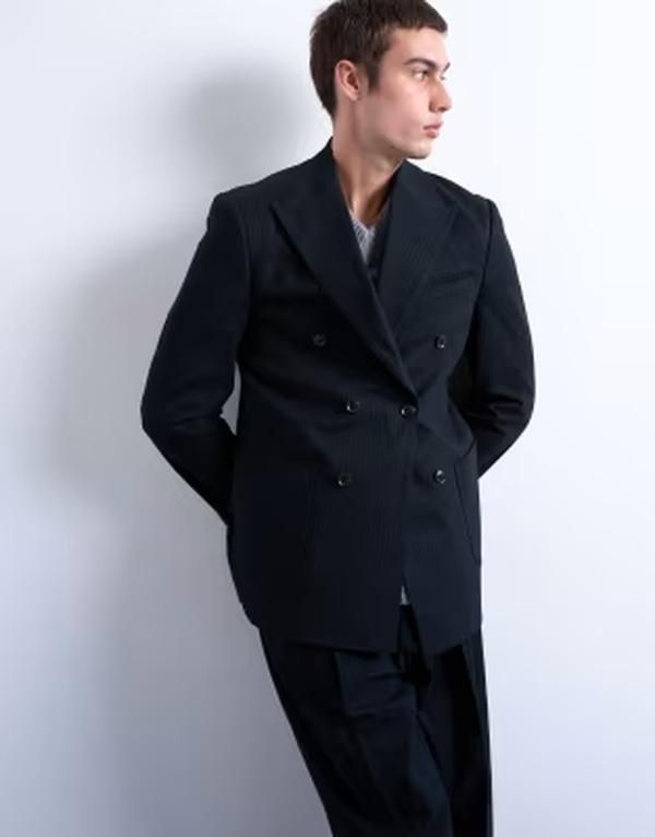 トップマン メンズ アウター ジャケット・ブルゾン ウール ブレザー Topman woolook stripedouble breasted blazer NAVY ネイビー
