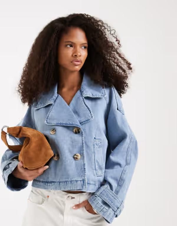ヴェロモーダ レディース アウター ジャケット・ブルゾン コート クロップド デニム Vero Moda croppedenim trench coat in light blue wash Light blue denim デニム