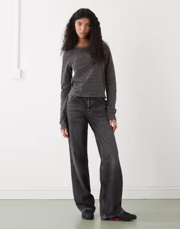 ウィークデイ レディース トップス Tシャツ Weekday fitted long sleeve tshirt and black stripes Grayblack stripe ブラック