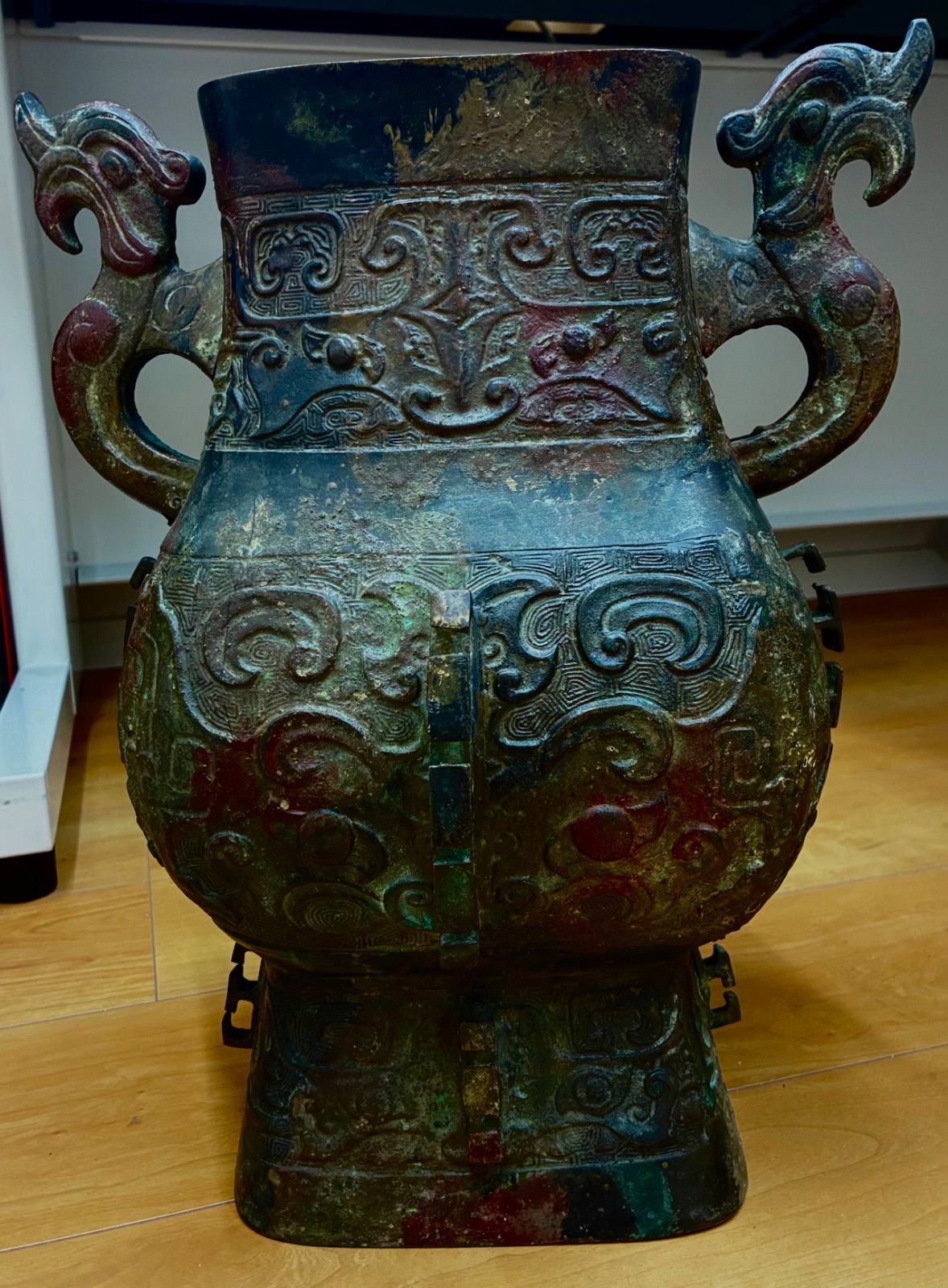 中国古玩 唐物 青銅器 方壺 双耳 饕餮紋 置物 骨董