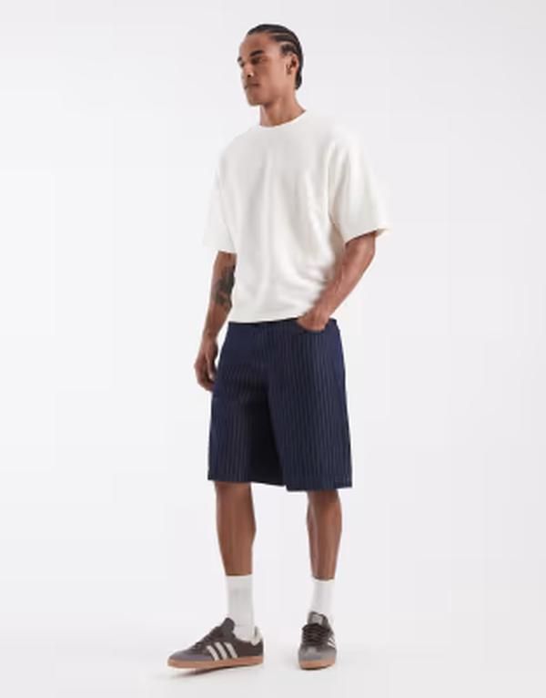 エイソス メンズ ボトムス ハーフパンツ・ショーツ デニム ASOS DESIGN lightweight bermuda stripedenim jorts in dark wash Dark washed blue ブルー