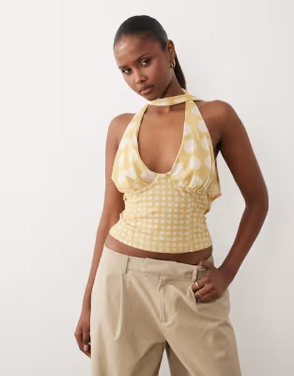 エイソス レディース トップス シャツ ドット プリント メッシュ ホルター ASOS DESIGN printed meshalterneck top with scarf detail in yellow polka dots Yellow Spot イエ