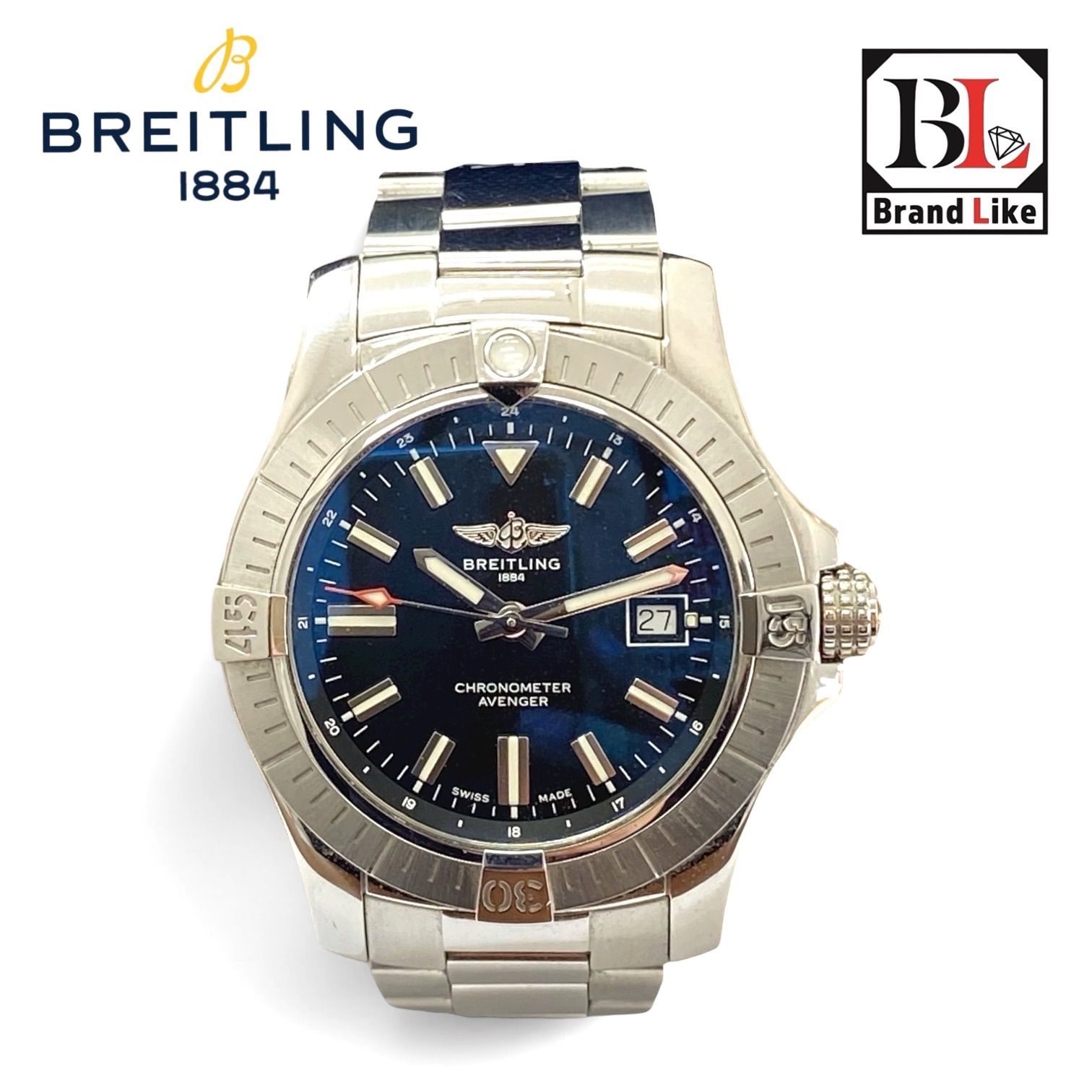 【美品】BREITLING ブライトリング アベンジャー デイト 回転ベゼル ブルー文字盤 メンズ腕時計 AT 自動巻き A17318 【ギャラ コマ ケース付き】