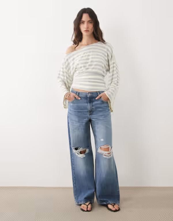 エイソス レディース トップス Tシャツ ウエストマーク ASOS DESIGN fallen shoulder cinched waistop and ecru stripes Ecru and Gray エクリュ