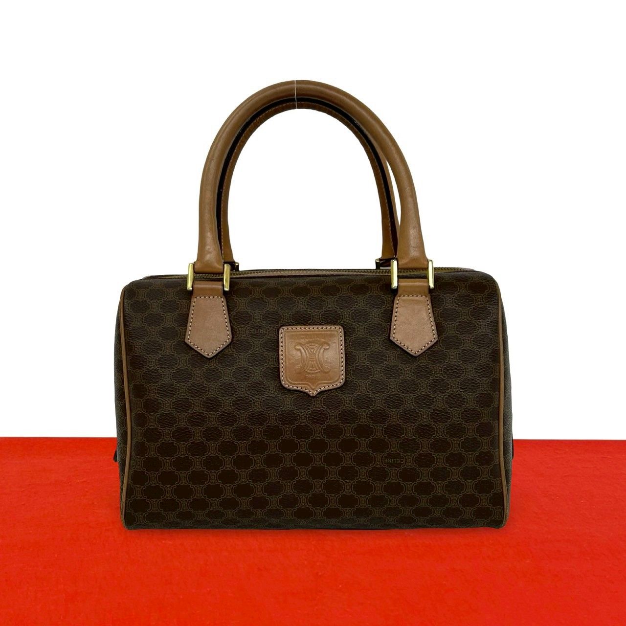 極 美品 CELINE セリーヌ ヴィンテージ マカダム ブラゾン 柄 レザー 本革 ハンドバッグ ミニ ボストンバッグ ブラウン 茶 19517