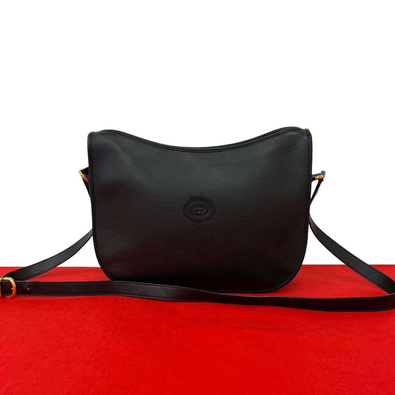 極 美品 GUCCI グッチ オールドグッチ ヴィンテージ GG ロゴ 金具 レザー 本革 ショルダーバッグ ポシェット サコッシュ ブラック 80312