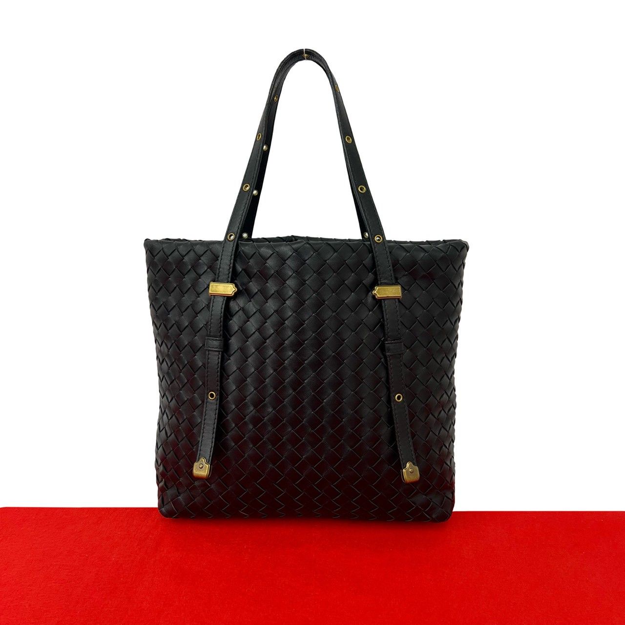 極 美品 希少品 BOTTEGA VENETA ボッテガヴェネタ イントレチャート レザー 本革 ハンドバッグ ミニ トートバッグ ブラック 黒 57974