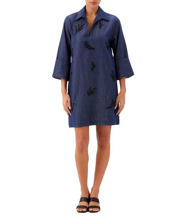 カレンケーン レディース トップス ワンピース デニム Karen Kane Denim Embellished Point Collar 34 Cuffed Sleeve Shift Dress Indigo インディゴ