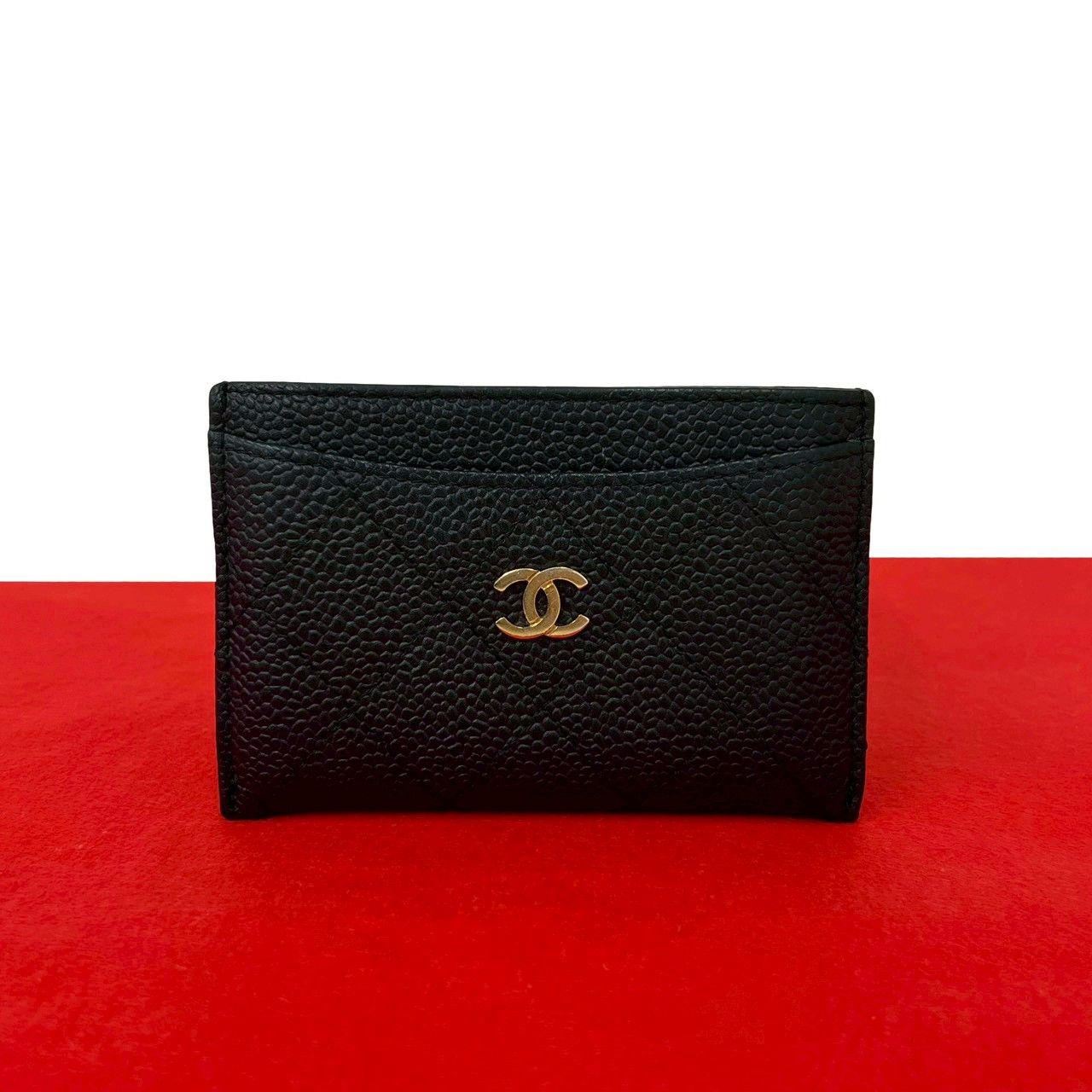 極 美品 希少品 シール有 16番台 CHANEL シャネル ココマーク 金具 キャビアスキン レザー カードケース パスケース ブラック 黒 49490