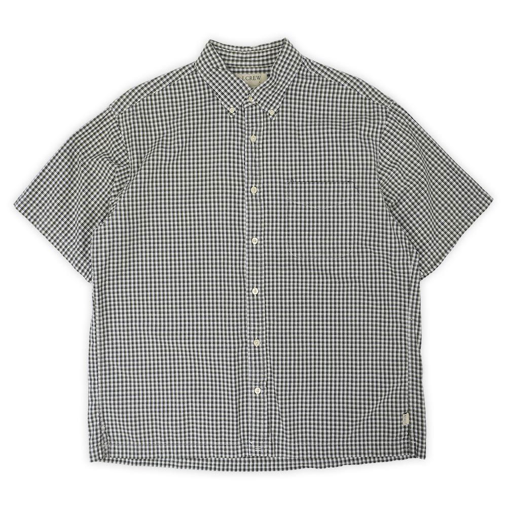 ジェイクルー Jクルー J.CREW 美品 00s 2000年代 S/S ボタンダウンシャツ BD 半袖 ボックス USA ヴィンテージ アメリカ 古着 メンズ シャツ オリーブグリーン系 チェック柄 L【中古】