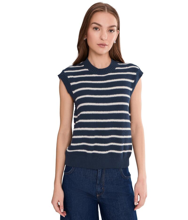 パクト レディース アウター ニット・セーター PACT Shoreline Relaxed Shell Seabreeze Stripe Navy Blue ネイビー