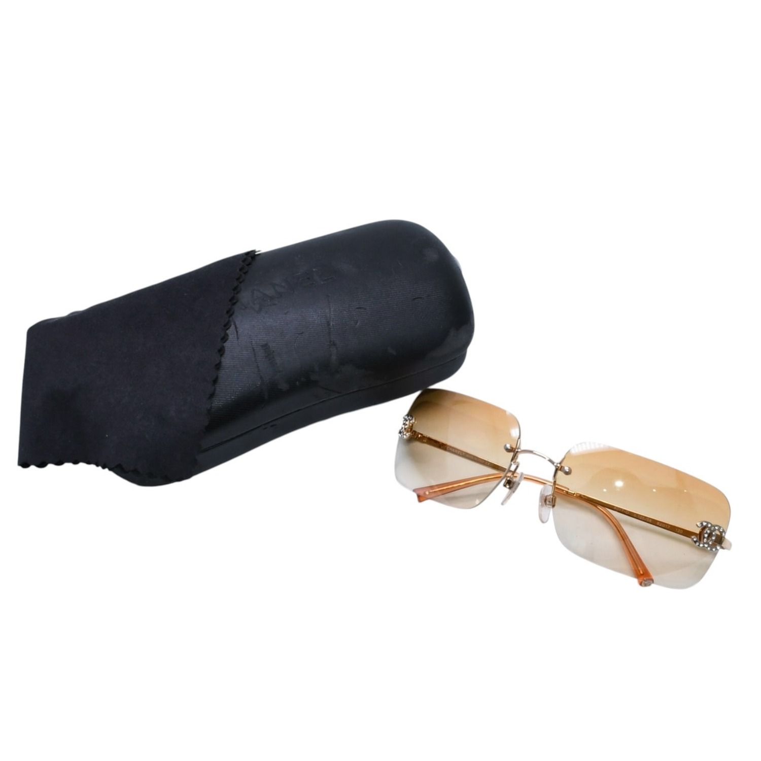極美品 CHANEL シャネル リムレス サングラス アイウェア 4017-D c.125/56 サイズ62□17 120 ココマーク ラインストーン 中古 4a002991