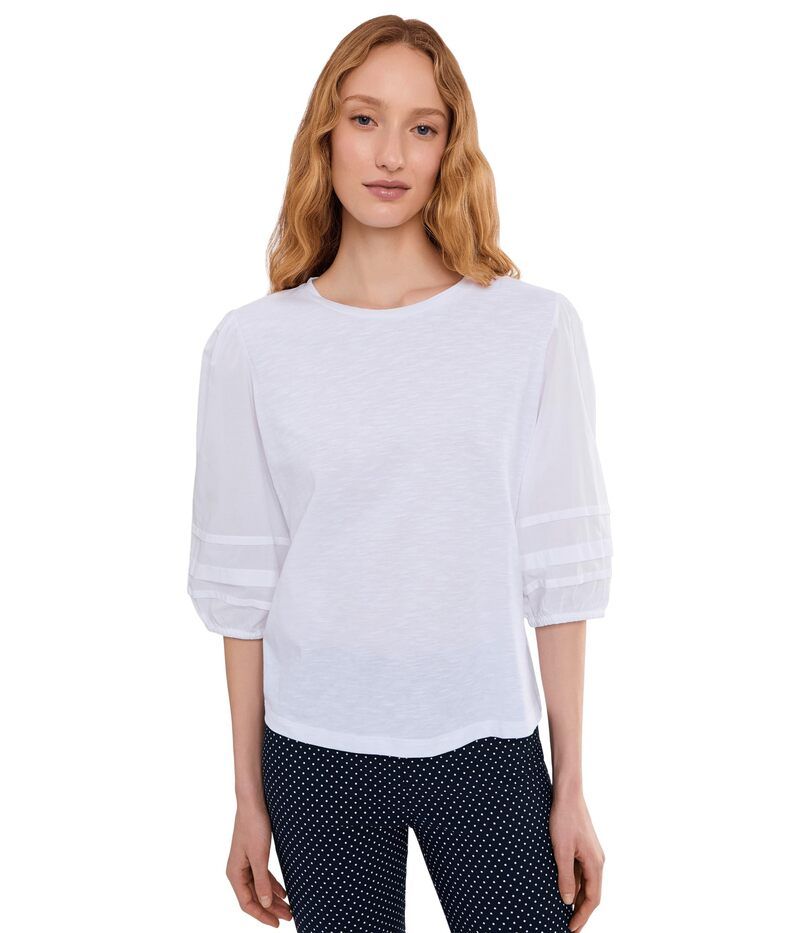 エリオットローレン レディース トップス シャツ バルーンスリーブ ニット Elliott Lauren Mixed Signals Knit Woven Combo Top With Balloon Sleeves White ホワイト