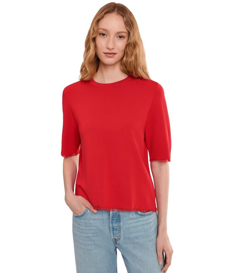 エリオットローレン レディース アウター ニット・セーター クルーネック フリンジ Elliott Lauren In The Fray Short Sleeve Crew Neck Sweater With Fringe Detail Tomato