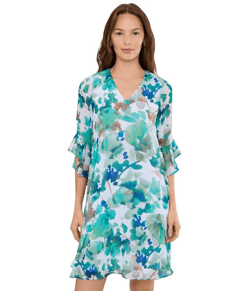 カルバンクライン レディース トップス ワンピース シフォン フラワー柄 フラワー Calvin Klein 34 Sleeve Chiffon Floral Shift Dress Lake Multi マルチカラー