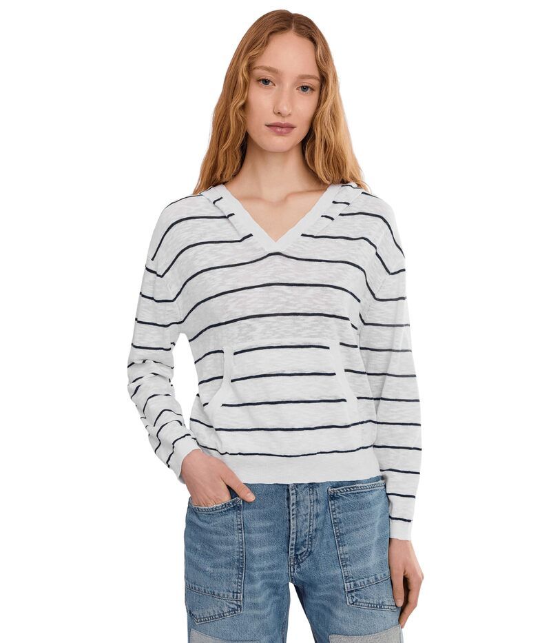 モッドドック レディース アウター ニット・セーター パーカー Mododoc Long Sleeve Striped Hoodie Sweater WhiteVibrant Navy ホワイト
