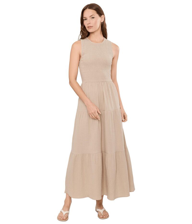 カルバンクライン レディース トップス ワンピース ティアード シャーリング マキシ Calvin Klein Smocked Tiered Gauze Maxi Latte