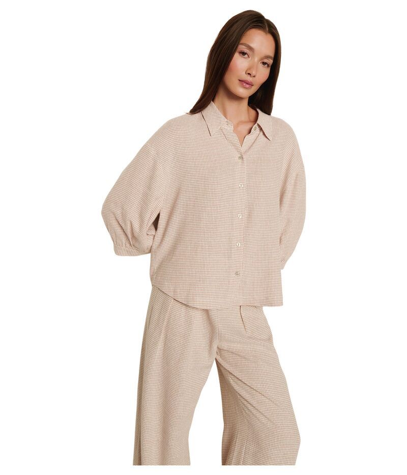 エバージェイ レディース トップス シャツ リネン Eberjey Linen Blend Relaxed Sleeve Top Gingham WhiteWarm Taupe ホワイト