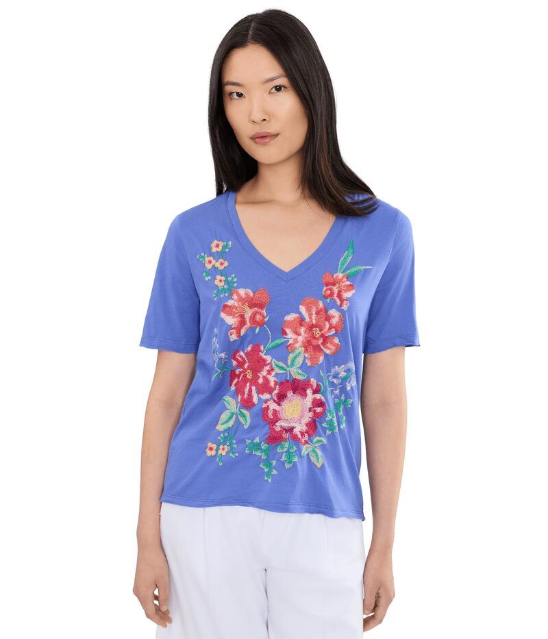 ジョニーワズ レディース トップス シャツ Vネック Johnny Was Raw Hem VNeck Tee Celiora Baja Blue ブルー