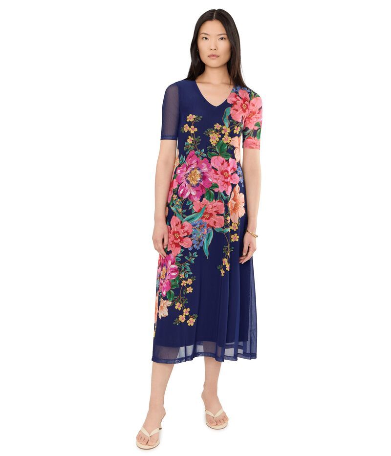 ジョニーワズ レディース トップス ワンピース Vネック メッシュ ミディ Johnny Was Elbow Sleeve VNeck Mesh Midi Dress Celiora Navy ネイビー