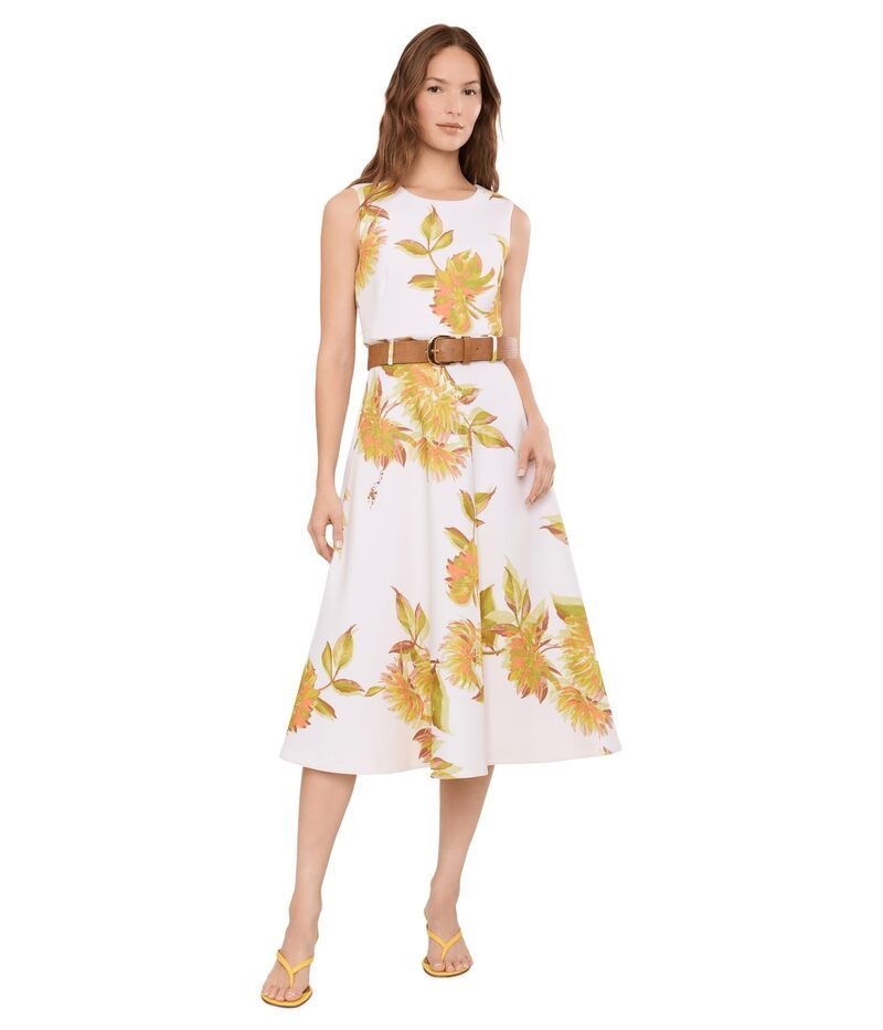 カルバンクライン レディース トップス ワンピース A ライン フラワー柄 ミディ スキューバ ノースリーブ フラワー Calvin Klein Sleeveless Belted Floral ScubaLine Midi Creamulti クリーム