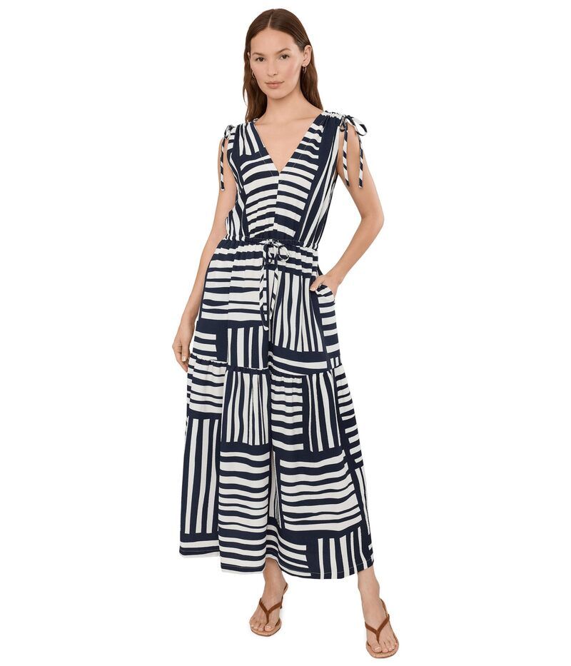 カルバンクライン レディース トップス ワンピース Vネック ミディ ノースリーブ Calvin Klein Sleeveless VNeck Striped Gauze Midindigo Cream クリーム