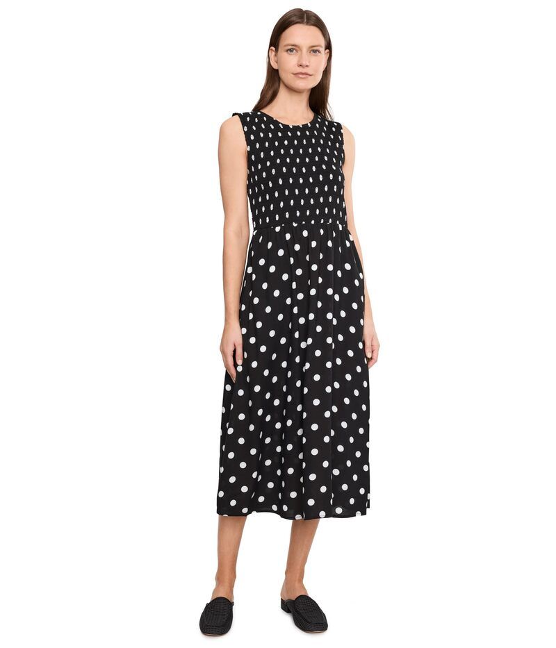カルバンクライン レディース トップス ワンピース ドット柄 ドット ミディ ノースリーブ シャーリング Calvin Klein Sleevelessmocked Polka Dot Midi Black Cream クリーム