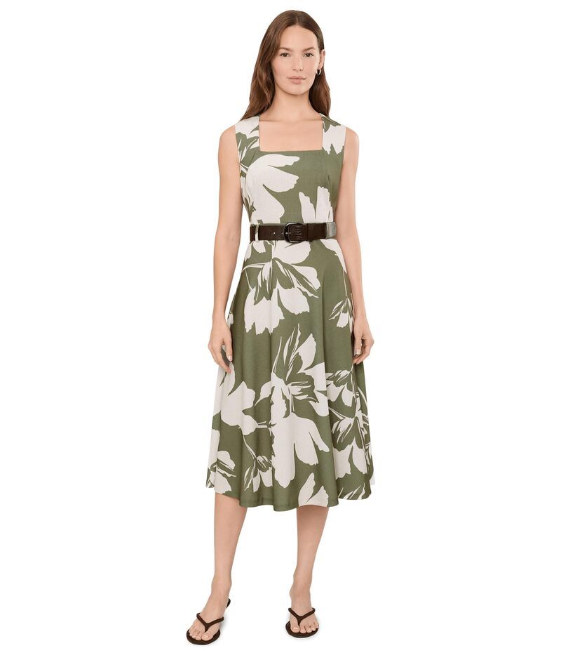 カルバンクライン レディース トップス ワンピース A ライン フラワー柄 ミディ フラワー Calvin Klein Square Neck Floral Belted ALine Midi Light OliveCre オリーブ