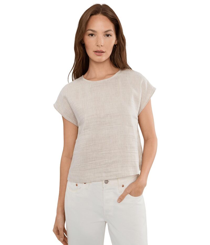 エイリーンフィッシャー レディース トップス シャツ プチ リネン Eileen Fisher Petite Striped Organic Linen Sheen Round Neck Top Wheat ストライプ