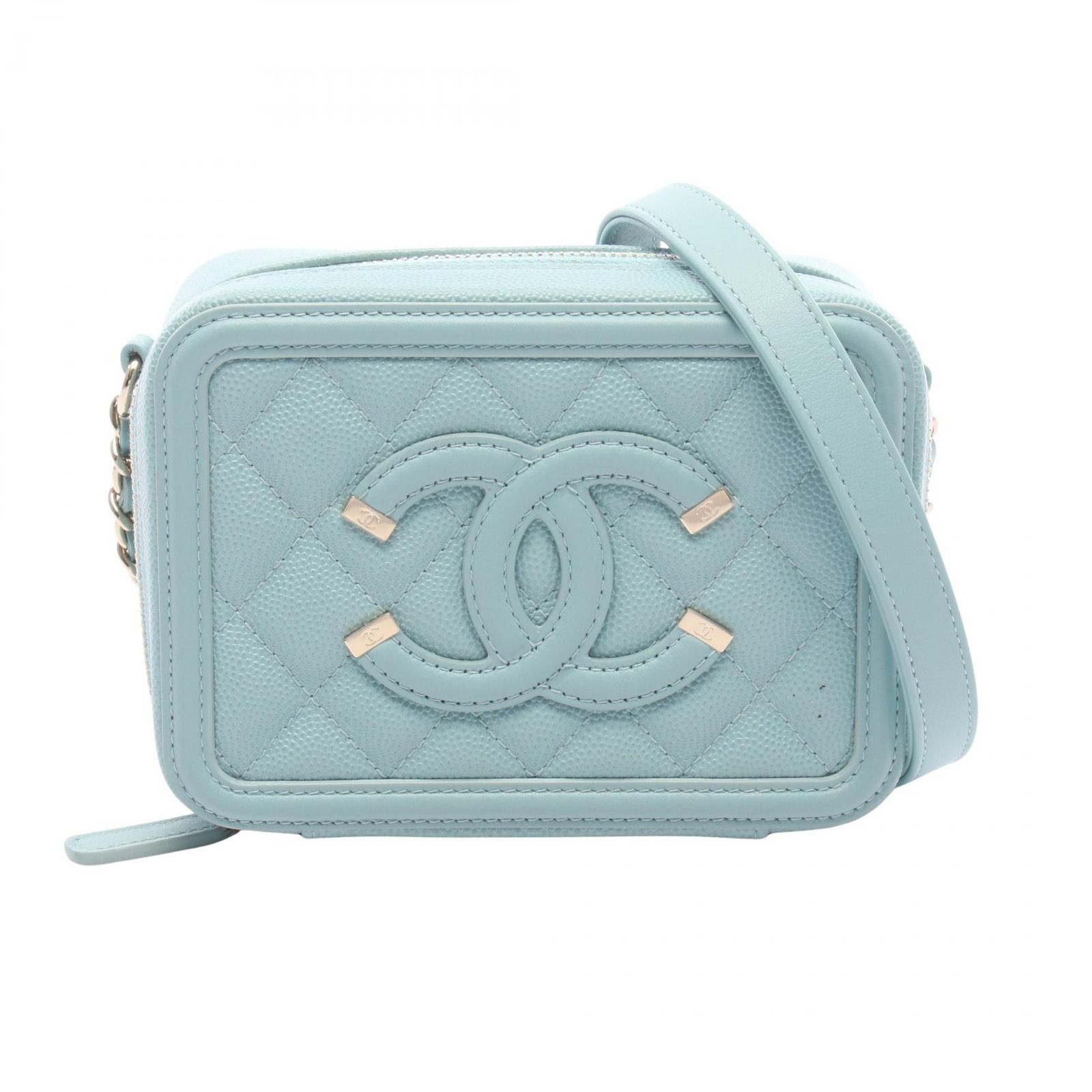 シャネル CHANEL ショルダーバッグ CCフィリグリー ミニ ヴァニティ A84452 ライトブルー キャビアスキン(グレインドカーフ) CCフィリグリー マトラッセ ミニ チェーンショルダー 194,900円