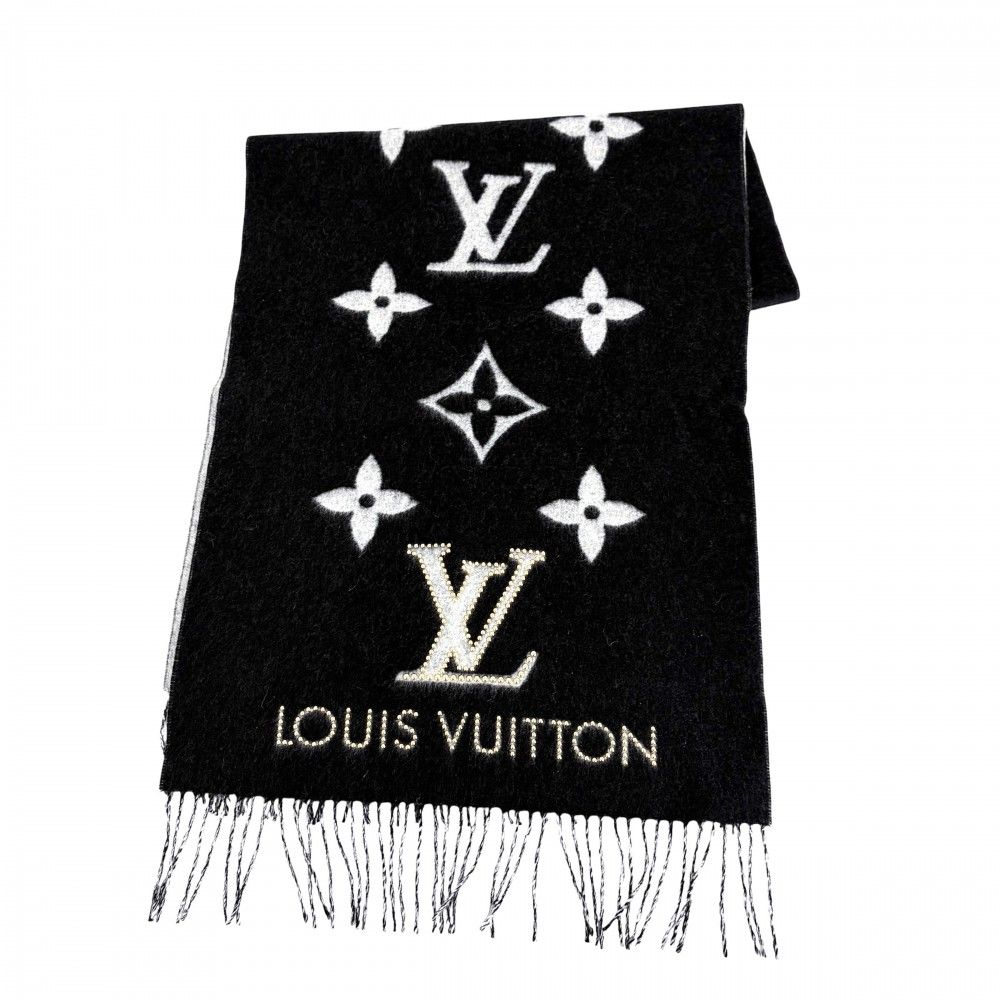 ルイヴィトン マフラー ユニセックス モノグラム エシャルプ・レイキャビック スタッディ ストール メンズ レディース LOUIS VUITTON M71588 カシミヤ ブラック 黒 グレー 秋 冬 美品【中古品】 60,500円