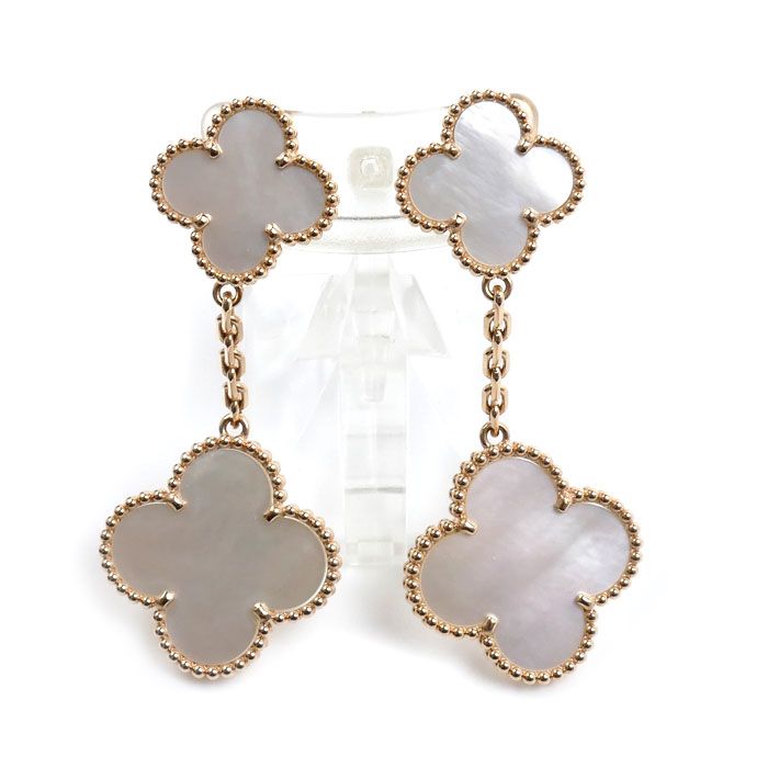 Van Cleef & Arpels ヴァンクリーフ＆アーペル K18PG ピンクゴールド マジックアルハンブラ 2モチーフ マザーオブパール ピアス VCARP3SJ00 14.6g セミオーダー品 レディース 中古 美品