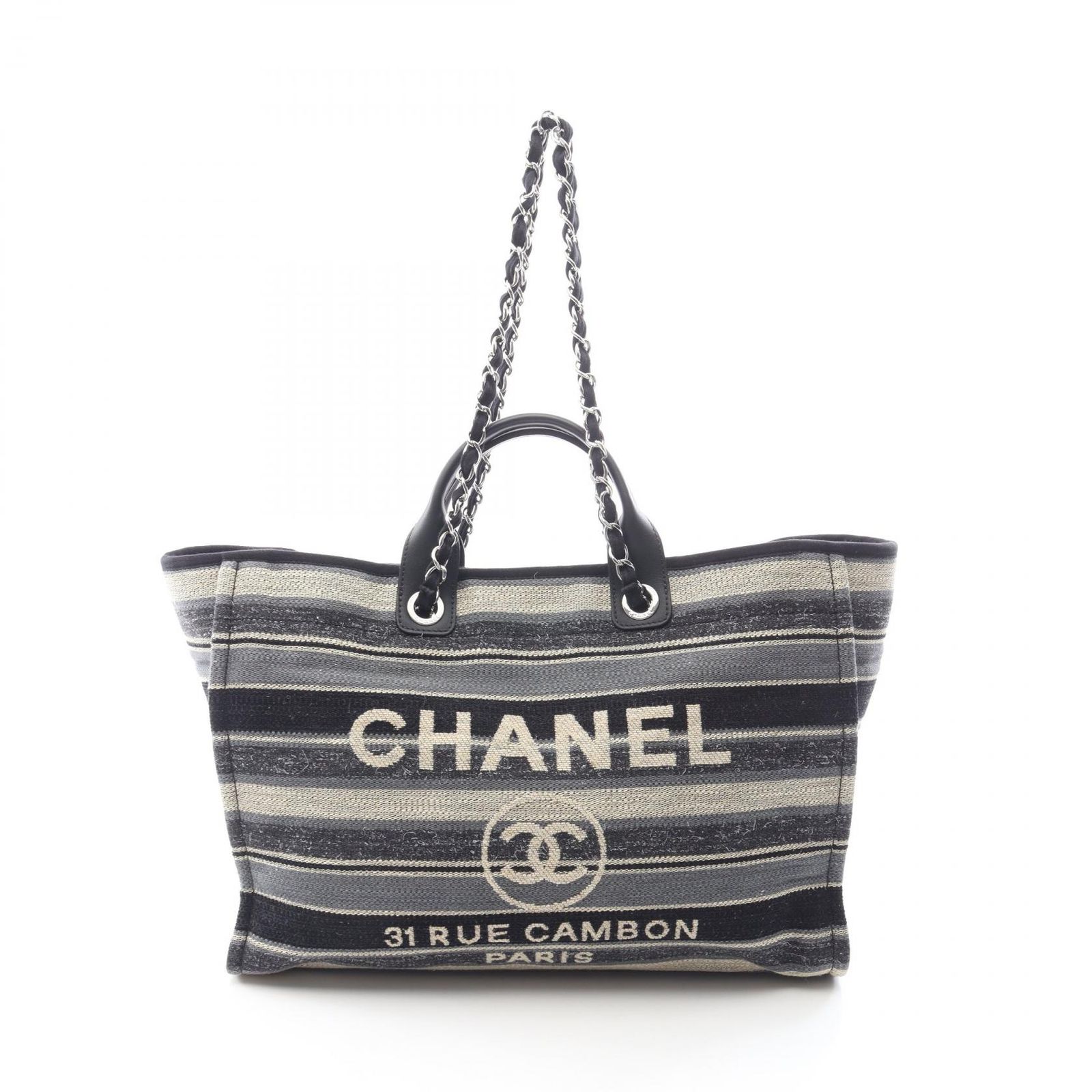 シャネル CHANEL トートバッグ ドーヴィル ラージ ショッピングバッグ ボーダー 2WAY ブラック/グレー/ナチュラル キャンバス レザー ドーヴィル ラージ ショッピングバッグ