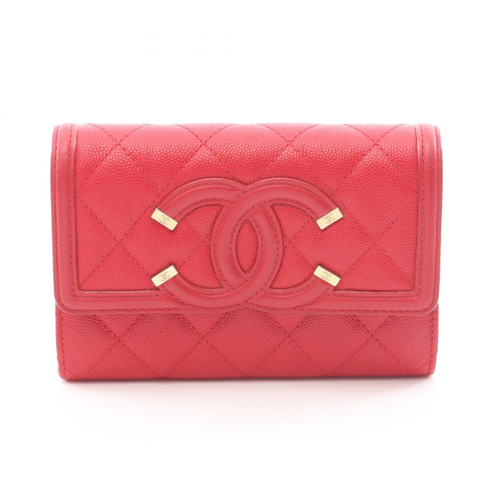 シャネル CHANEL 二つ折り財布 CCフィリグリー マトラッセ レッド キャビアスキン(グレインドカーフ) CCフィリグリー マトラッセ 二つ折財布 レディース Used A