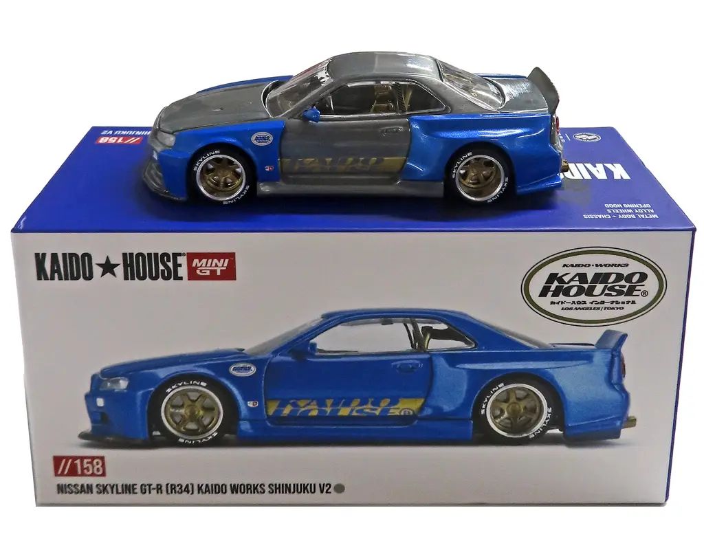 【中古】ミニカー 1/64 Nissan スカイライン GT-R R34 Kaido Works (V2 エアロ) SHINJUKU V2(右ハンドル) 「ミニGTシリーズ」 CHASE CAR [KHMG158]
