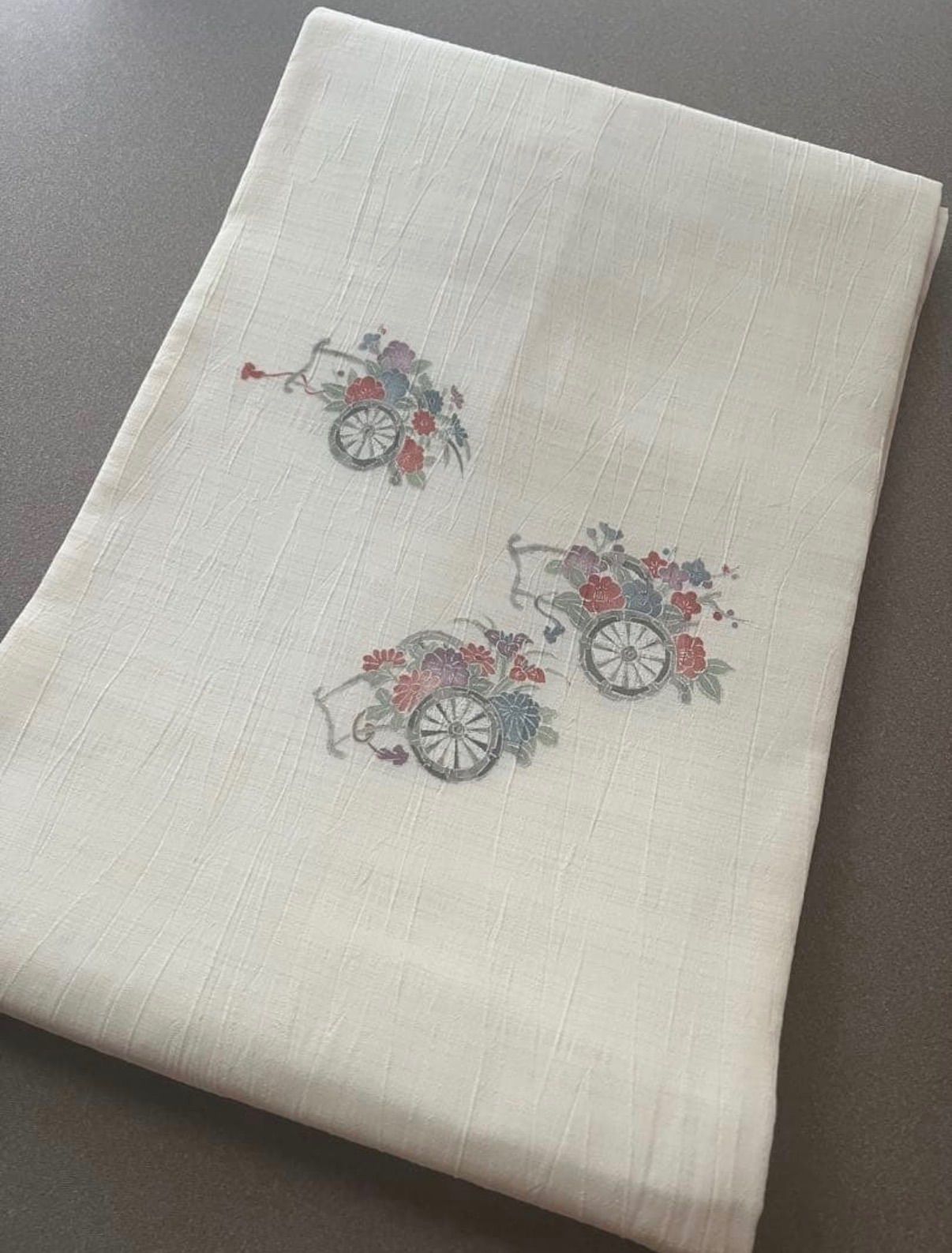名古屋帯　夏物　シボ　クリーム　花車