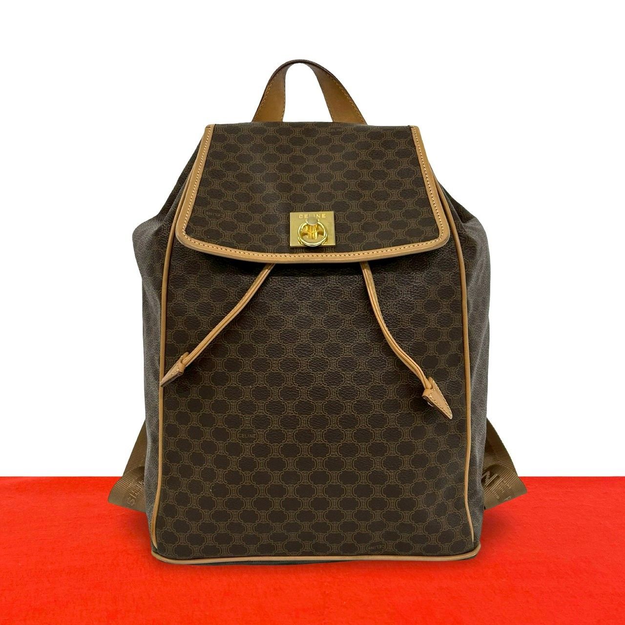 極 美品 CELINE セリーヌ ヴィンテージ マカダム ブラゾン トリオンフ 柄 ロゴ リング金具 レザー 本革 リュックサック ブラウン 403-4