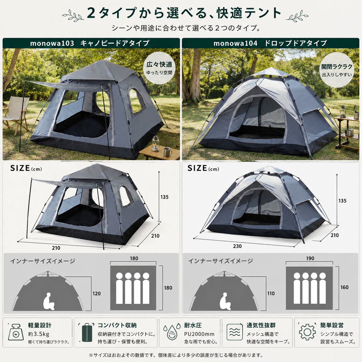 完全遮光×10秒設营】 ワンタッチテント 4人用 210-230cm ドーム型 【UVカット/高耐水】 軽量 簡易 フィルム テント ファミリー キャンプ 公園 運動会 コンパクト