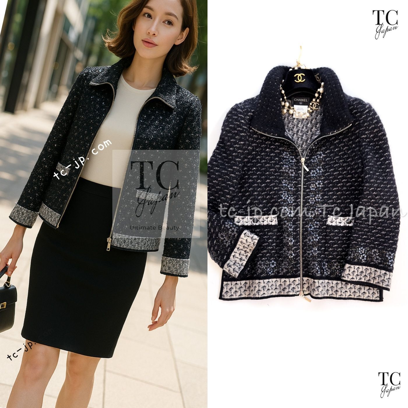 シャネル カーディガン CHANEL ダーク ネイビー ふんわりフワフワ モヘア シルク カシミア 美しいスパンコール装飾 ジッパー 超美品 34