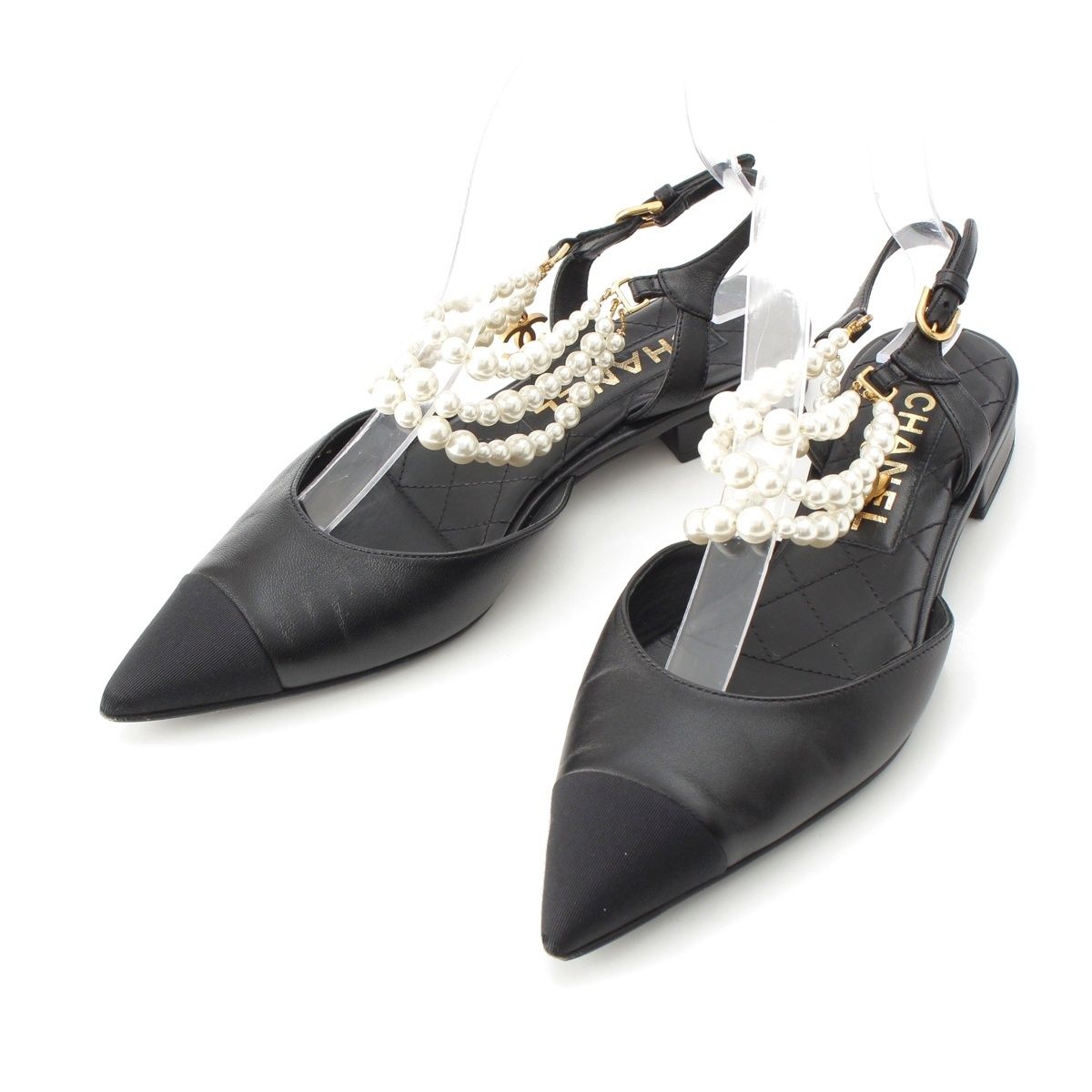 シャネル レザー パールストラップ スリングバッグ フラット ミュール シューズ ブラック 37C【中古】
