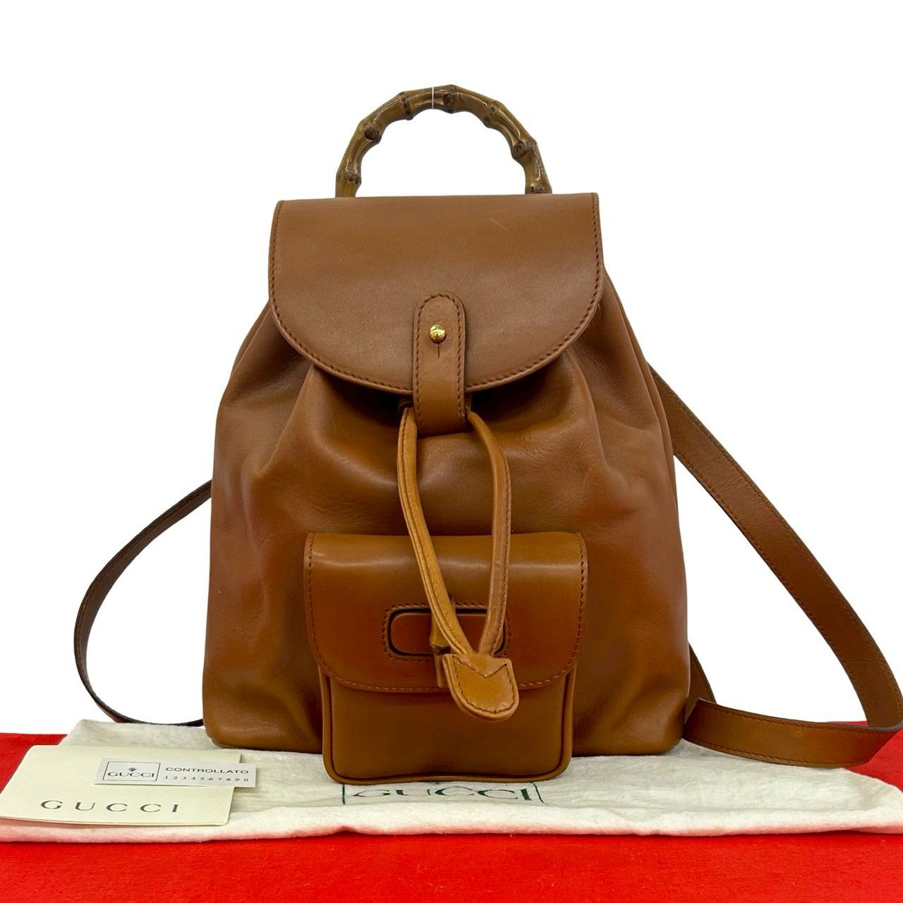 GUCCI グッチ　リュック　バンブー　巾着　レザー　茶色　ミニ 極 美品 袋付き GUCCI グッチ オールドグッチ ヴィンテージ バンブー