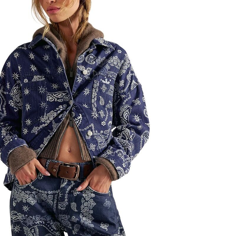 フリーピープル レディース アウター ジャケット・ブルゾン プリント デニム Free People Opal Swing Printedenim Jacket Womens Navy Combo Bandana ネイビー