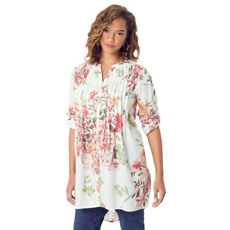 ロアマンズ レディース トップス Tシャツ フラワー柄 プラスサイズ フラワー Roamans Womens Plusize Floral YNeck Pintuck Tunic Adjustable Long Sleeve ButtonFront White